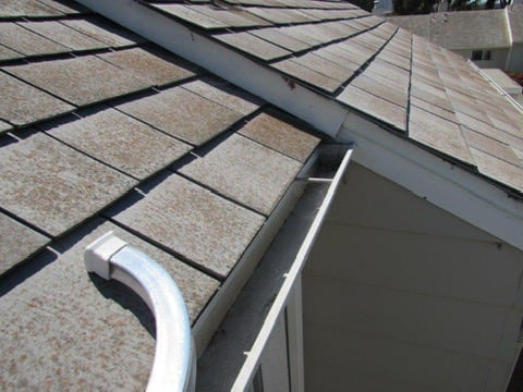 Flat-profile pitched roof covering meeting a valley, roof edge, and gutter junction